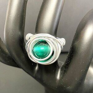 Stainless Steel Wire Wrapped Ring with Green Glass Bead in Size 6. Artisan made